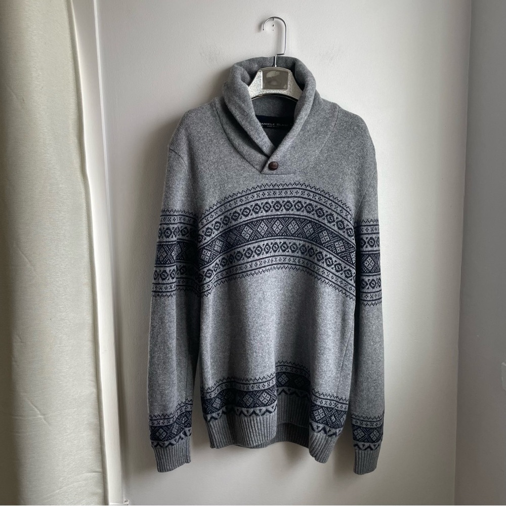 Grey Wool Sweater Shawl Neck Made in Italy size L